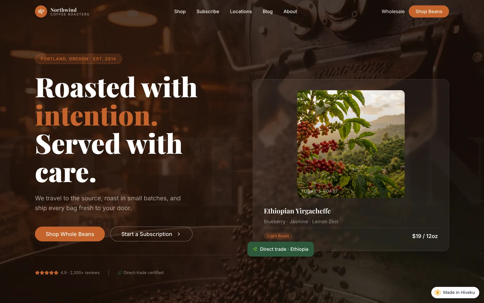 The live Northwind Coffee Roasters home page with the new headline, the readable menu and the new sentence