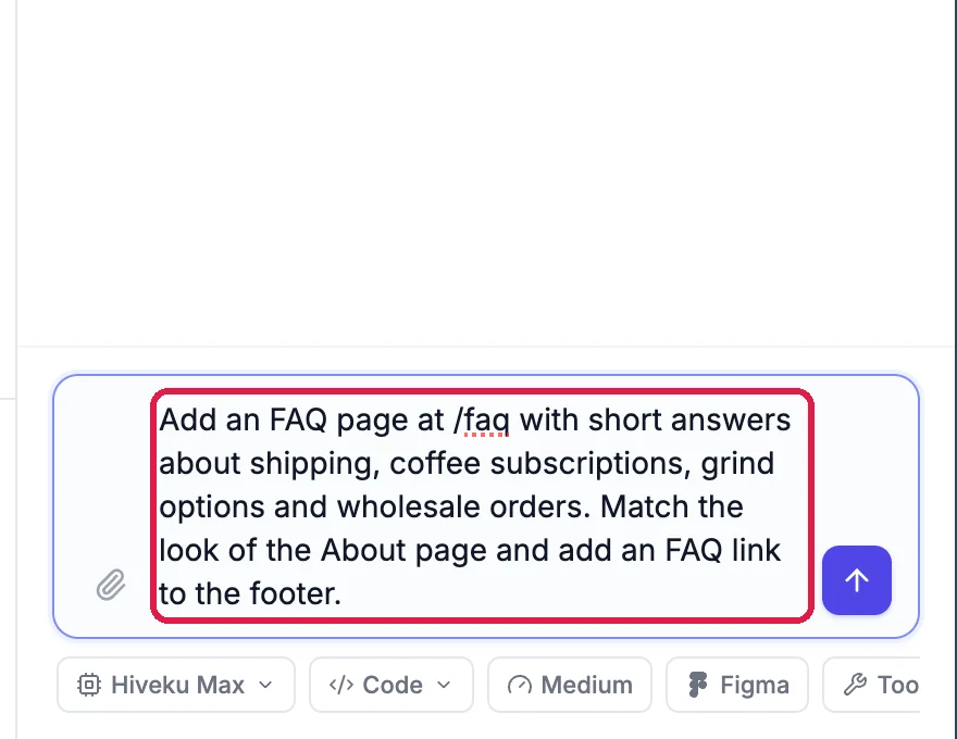 The chat box with the request for an FAQ page typed in