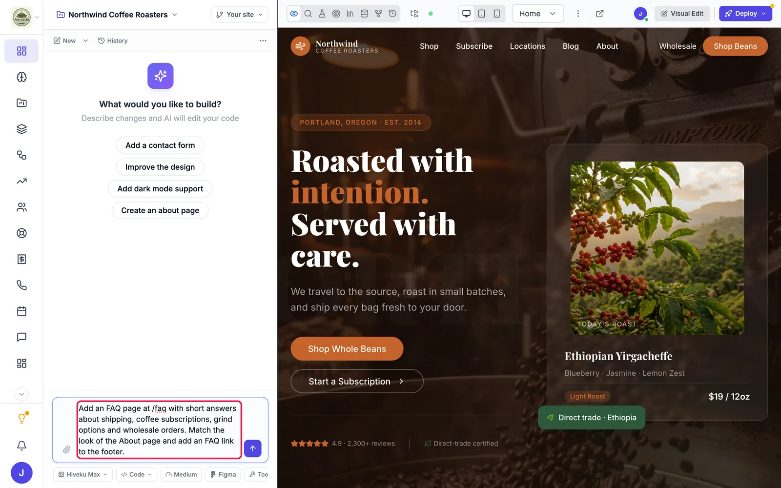 The site builder with the FAQ request in the chat box and the Northwind home page in the preview