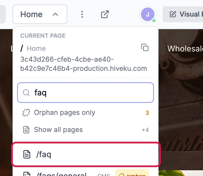 The page picker open with faq typed in the search box and the /faq page outlined