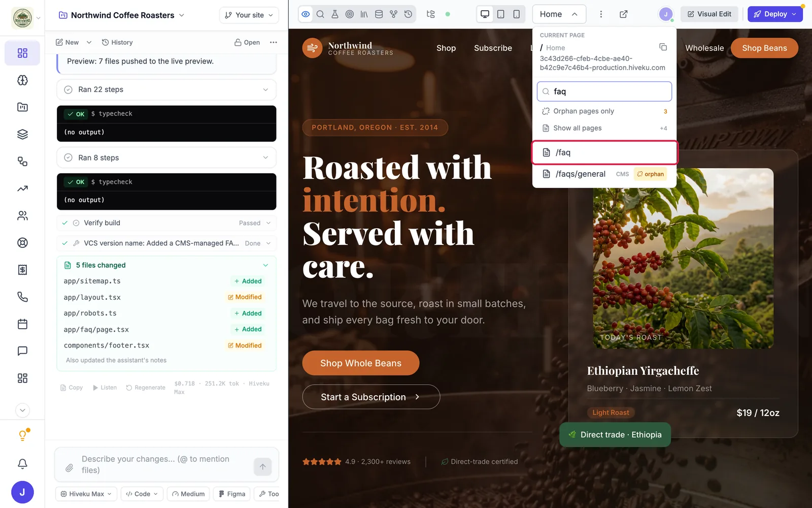 The builder with the page picker open above the preview and the /faq page outlined