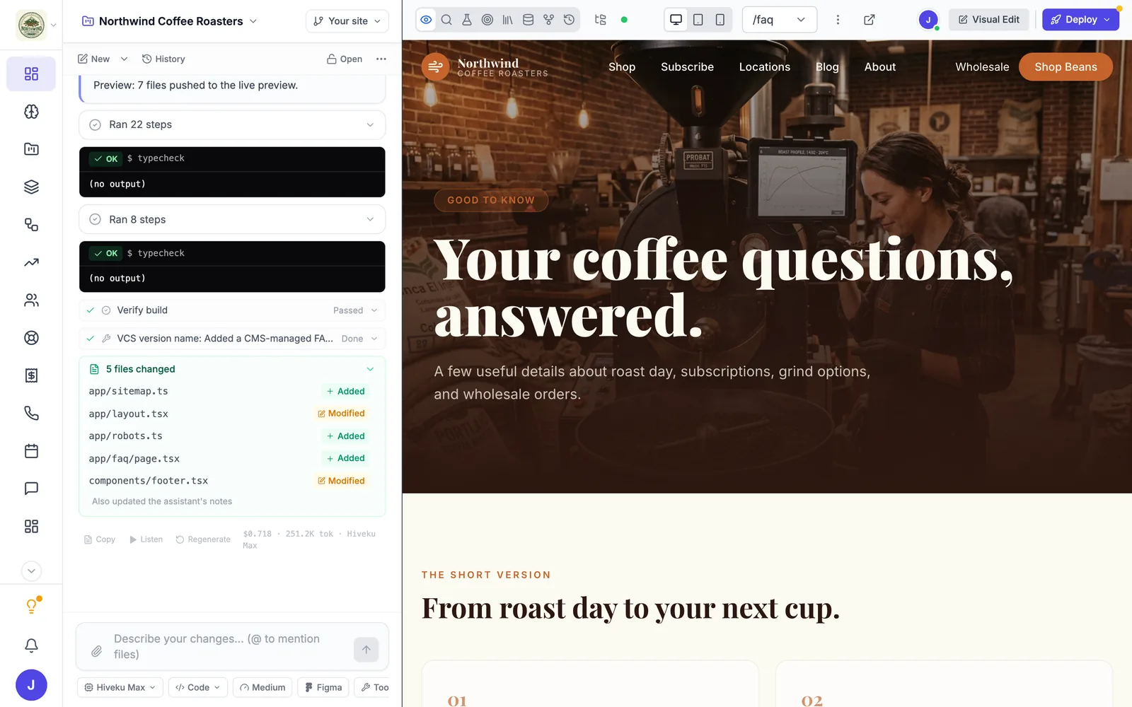 The builder showing the new FAQ page with the headline Your coffee questions, answered.
