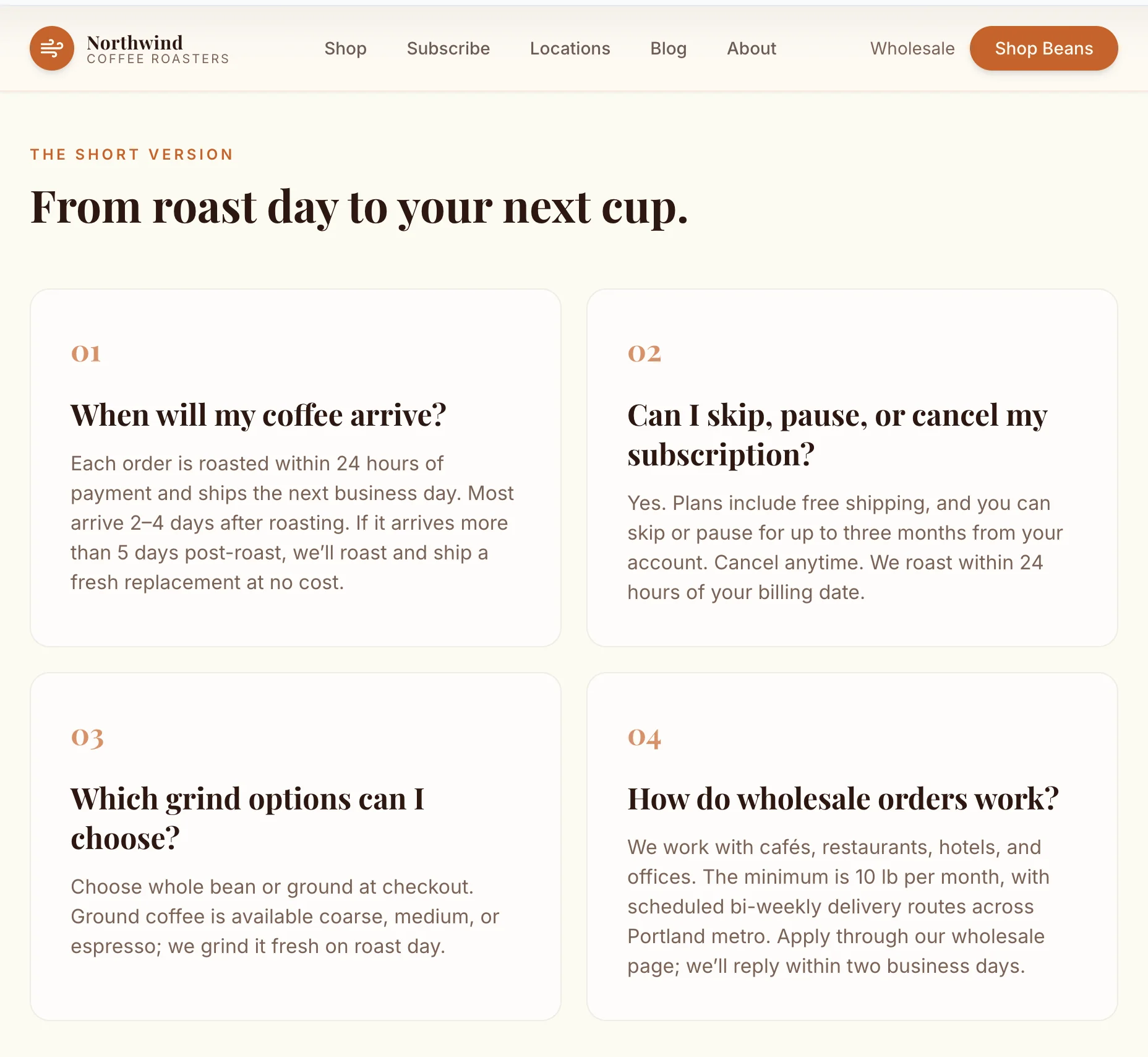 Four answer cards: when will my coffee arrive, can I skip, pause, or cancel my subscription, which grind options can I choose, and how do wholesale orders work