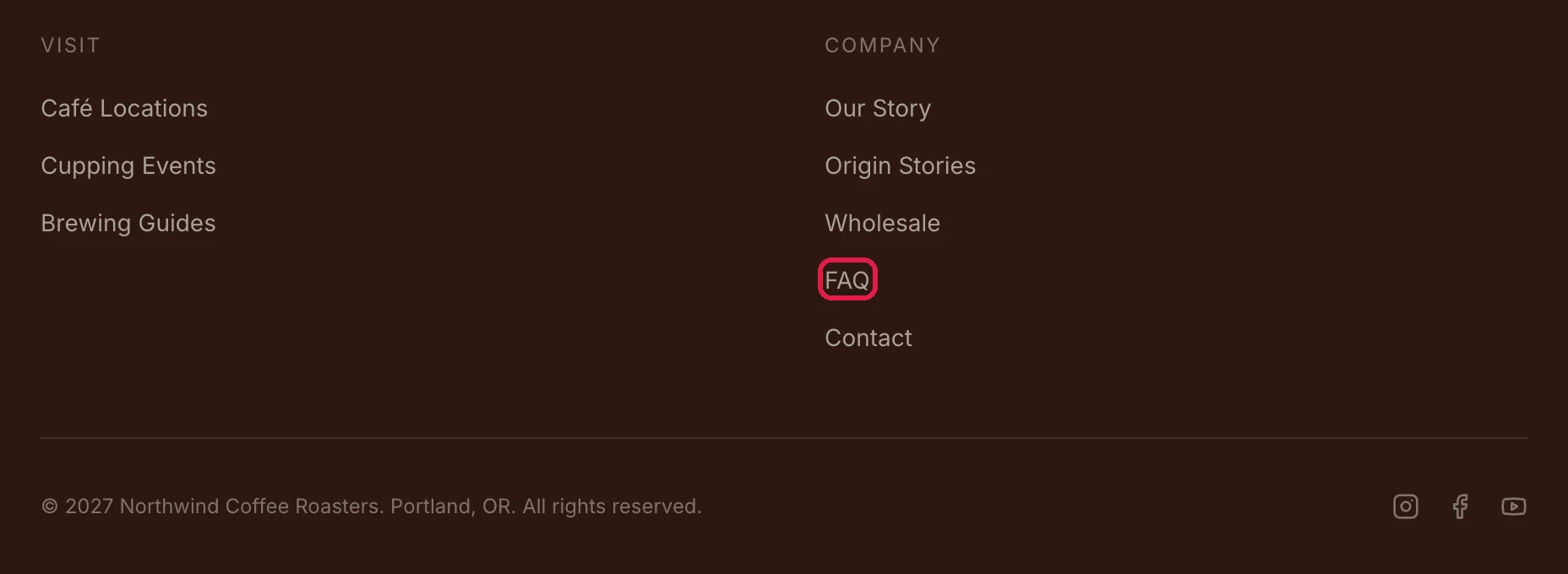 The Northwind footer with the new FAQ link outlined under Company