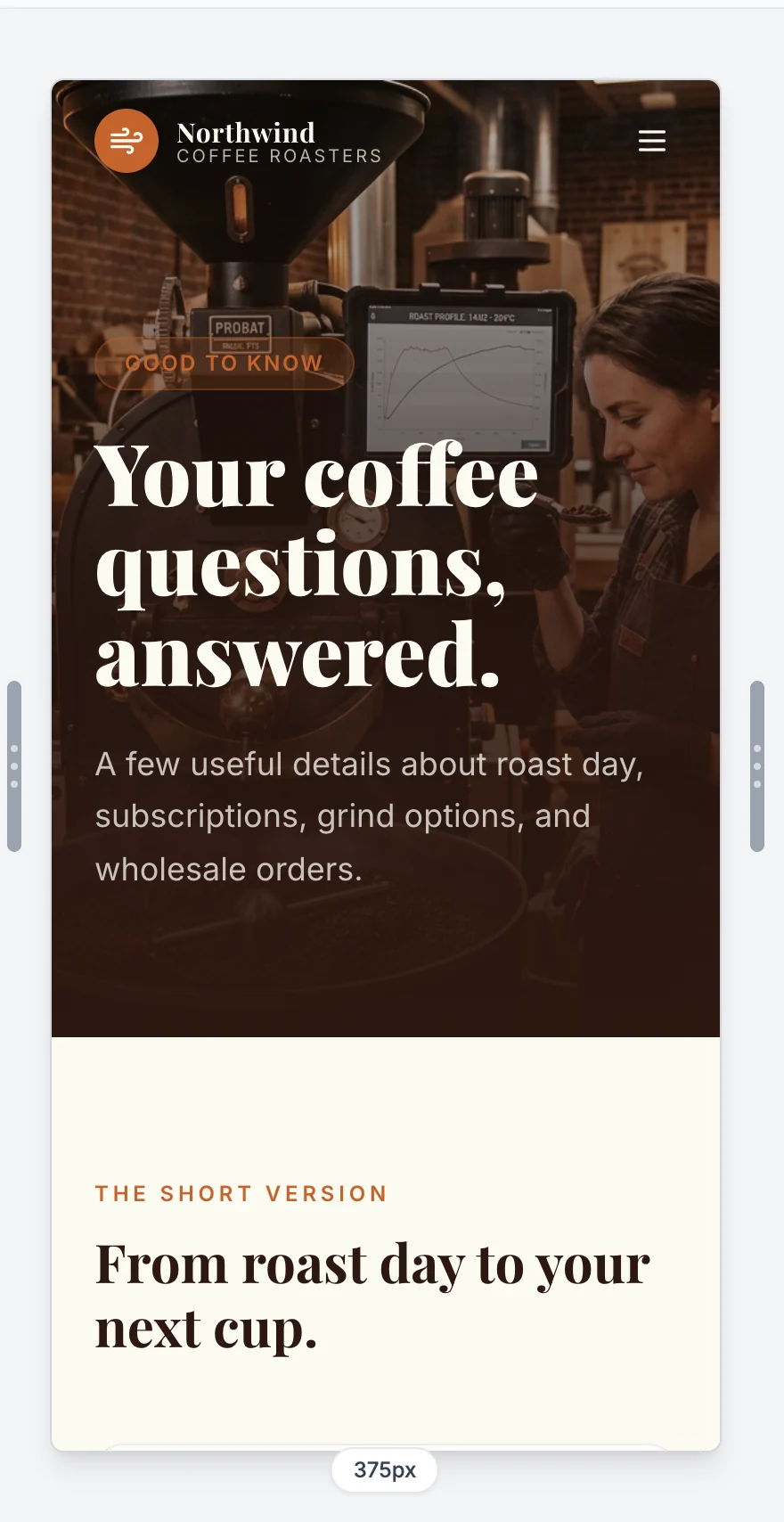 The Northwind FAQ page in a phone-sized frame