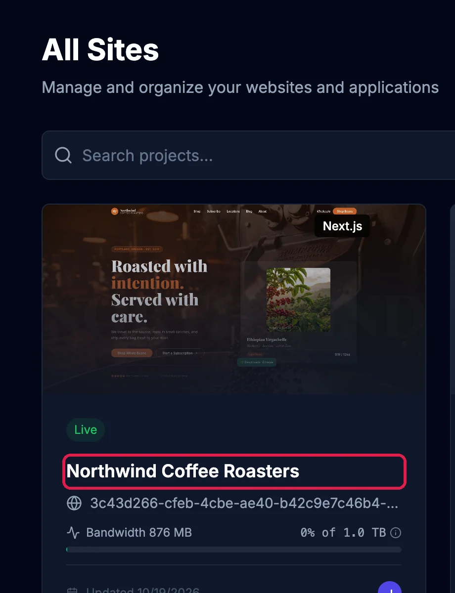 All Sites page with the Northwind Coffee Roasters card, marked Live, with its name outlined