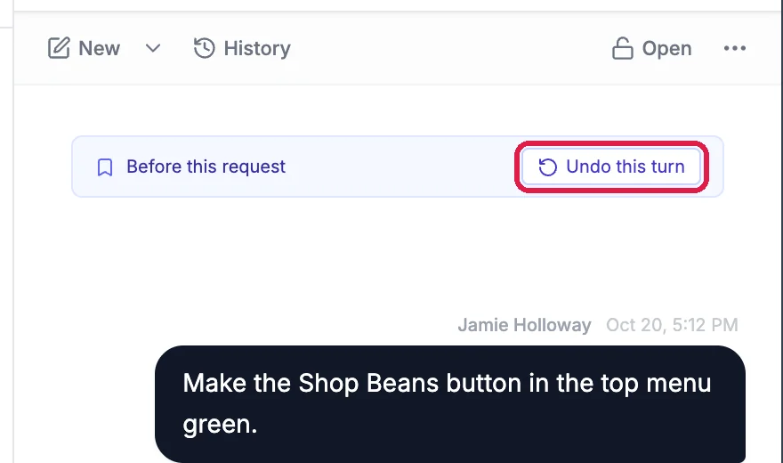 The bar above the request reading Before this request, with the Undo this turn button outlined