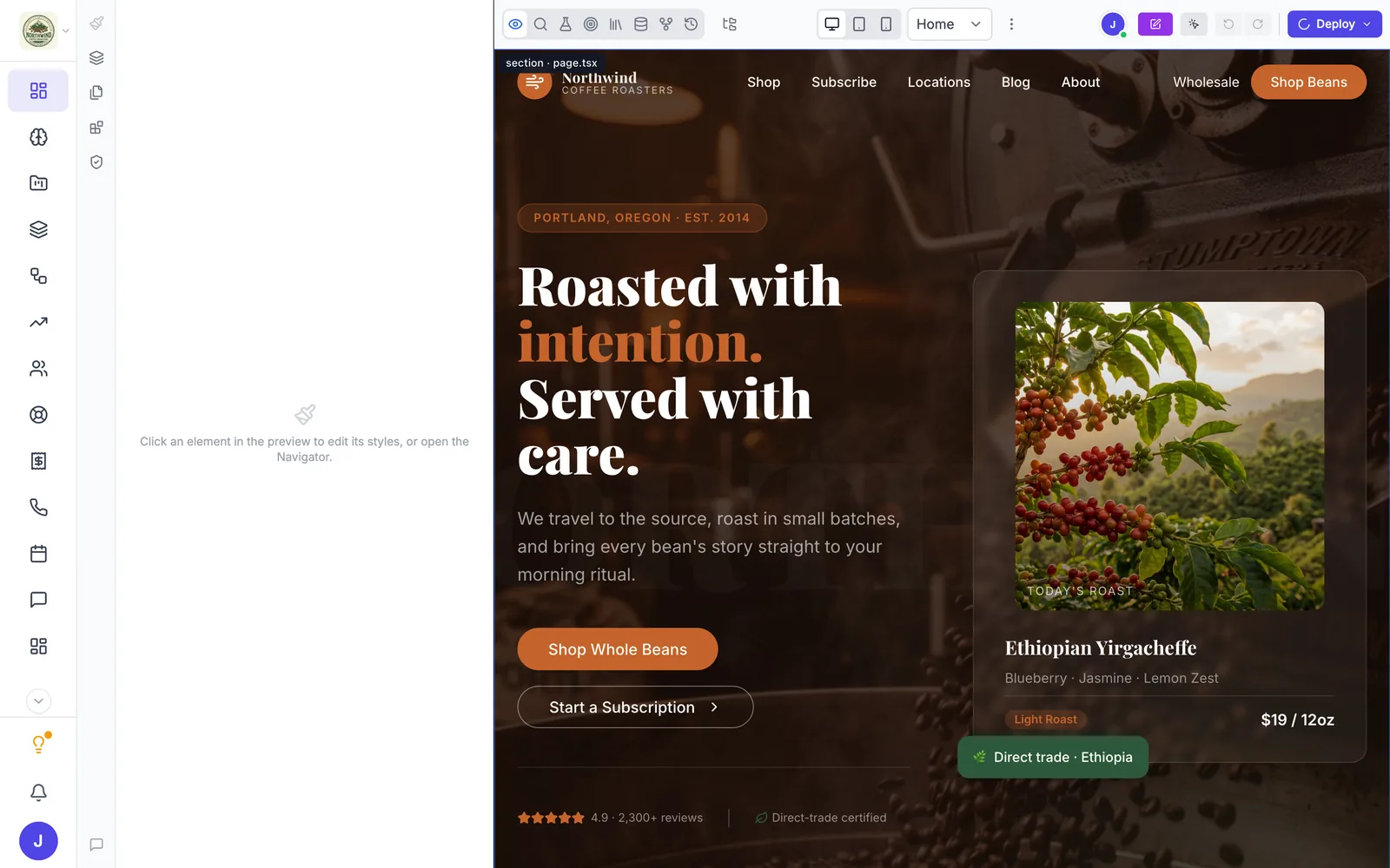 The builder in Visual Edit: an empty editing panel on the left and the Northwind home page on the right