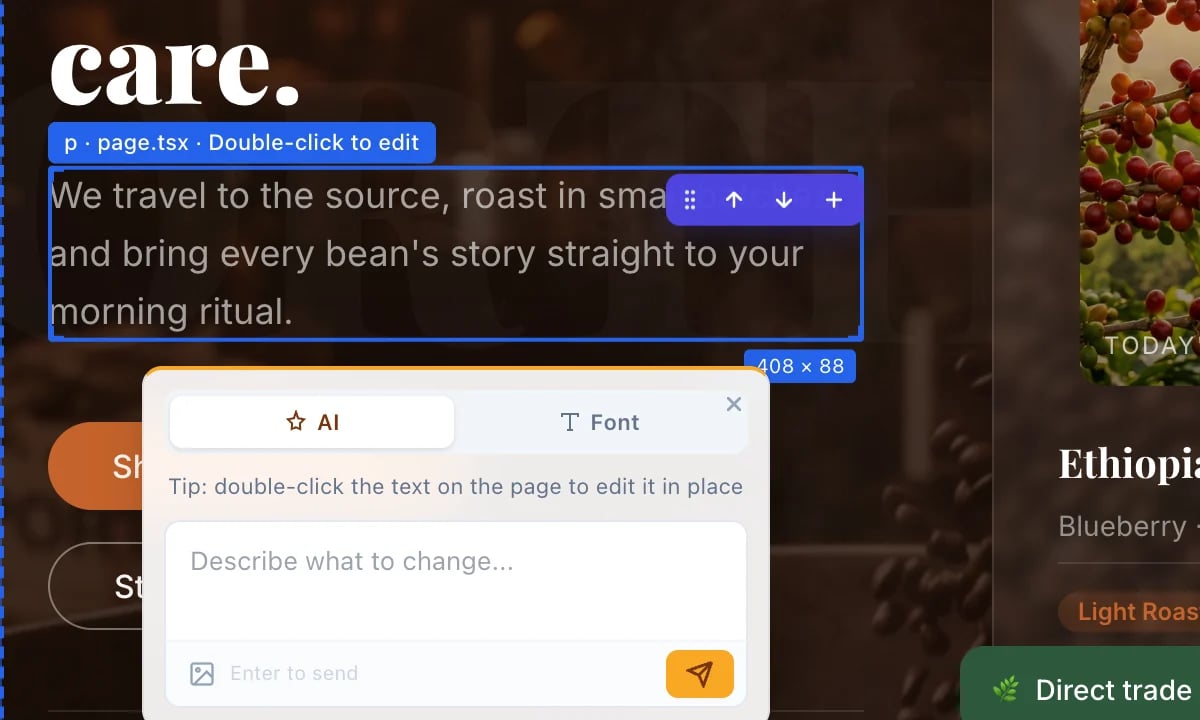 The sentence under the Northwind headline outlined in blue, with the label Double-click to edit and a small card with AI and Font tabs
