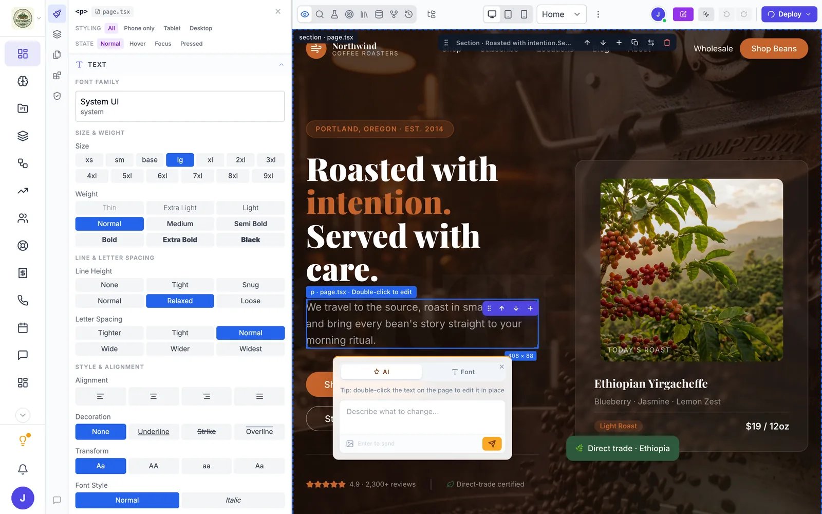 The builder in Visual Edit with the sentence selected in the preview and the Style inspector open on the left