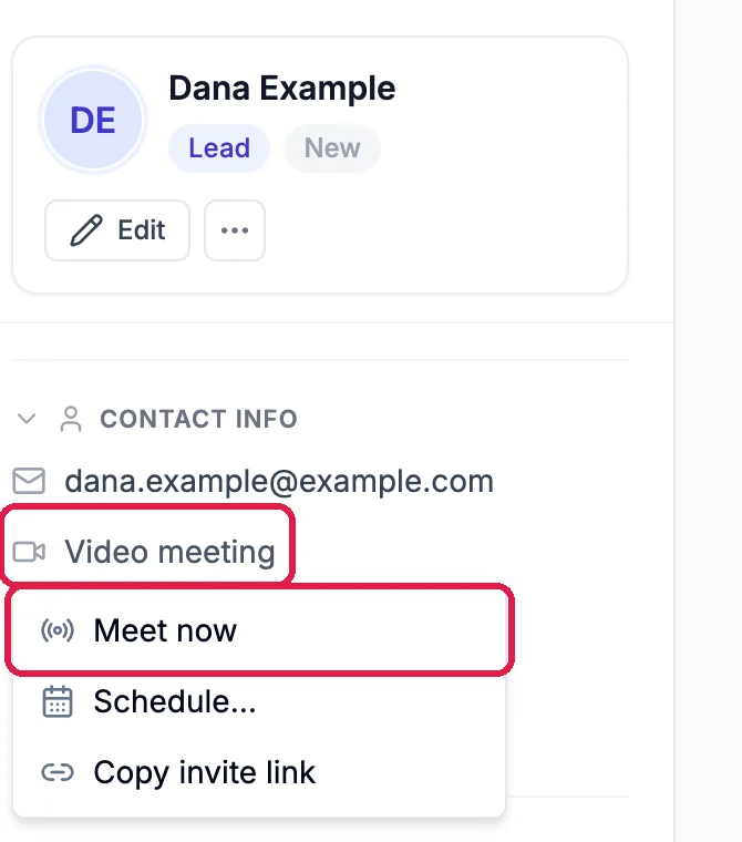 The contact Dana Example with Video meeting, outlined, and its menu Meet now, outlined, Schedule and Copy invite link
