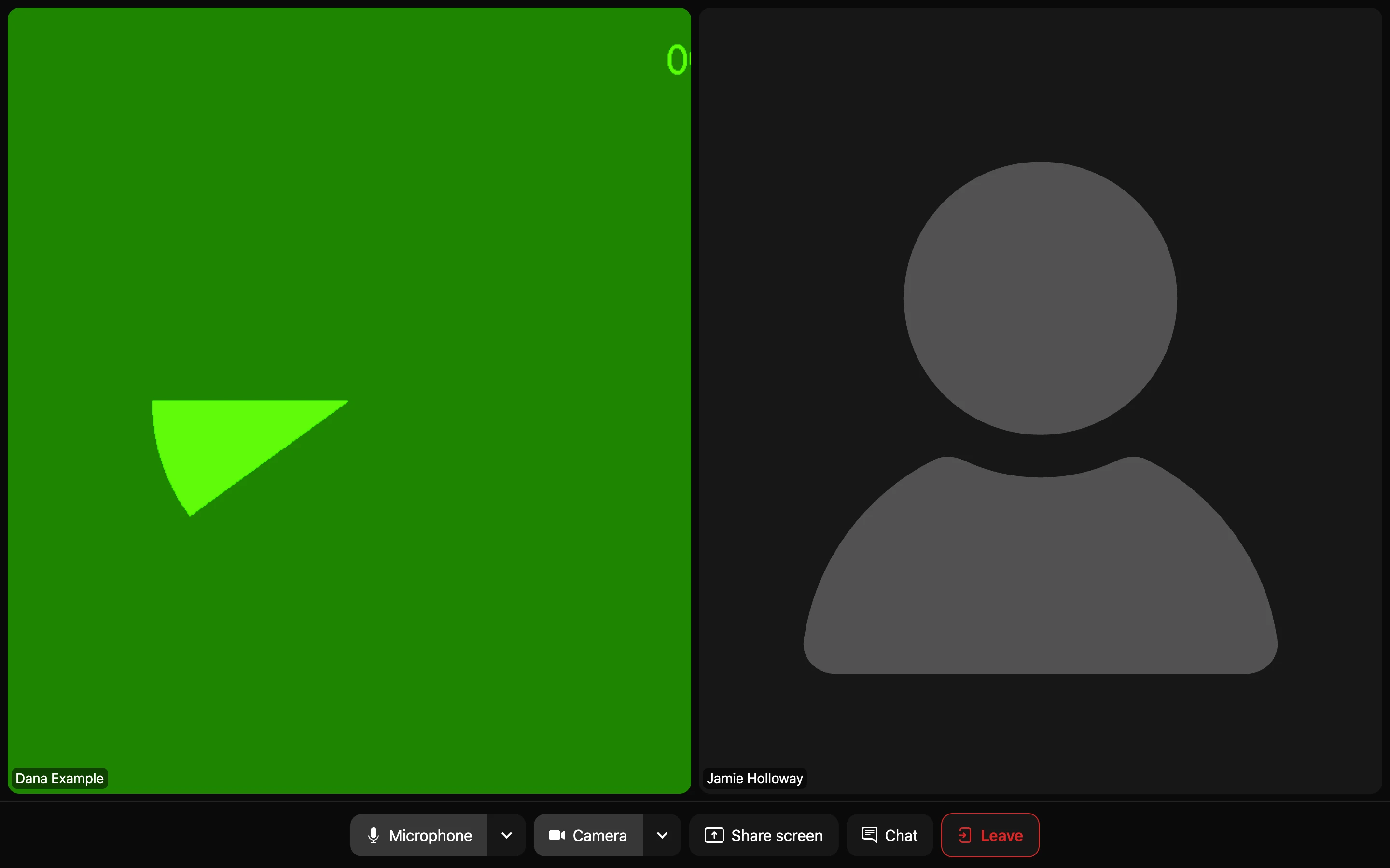 The customer's call window with two tiles, Dana Example and the host, and Microphone, Camera, Share screen, Chat and Leave at the bottom
