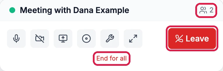 The meeting panel with 2 people, outlined, and the Leave button and End for all, outlined