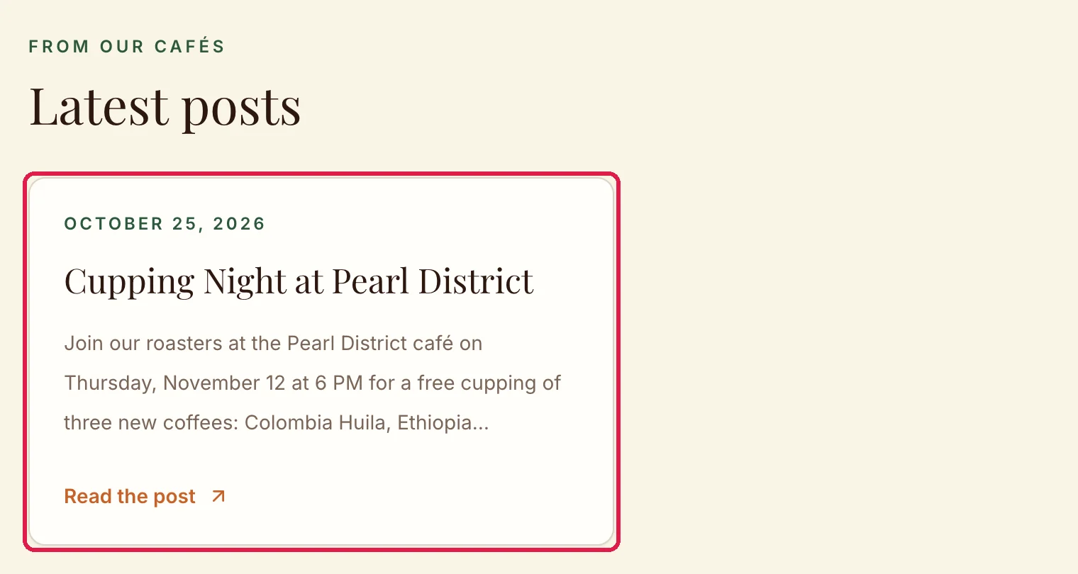 From our cafés, Latest posts, with the Cupping Night at Pearl District card outlined: October 25, 2026, Join our roasters at the Pearl District café on Thursday, November 12 at 6 PM for a free cupping, and Read the post