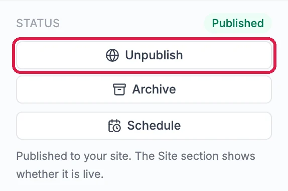 Status, Published, with the Unpublish button outlined, then Archive and Schedule. Published to your site. The Site section shows whether it is live.