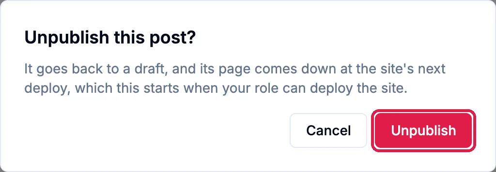 Unpublish this post? It goes back to a draft, and its page comes down at the site's next deploy, which this starts when your role can deploy the site. Cancel, and Unpublish, outlined