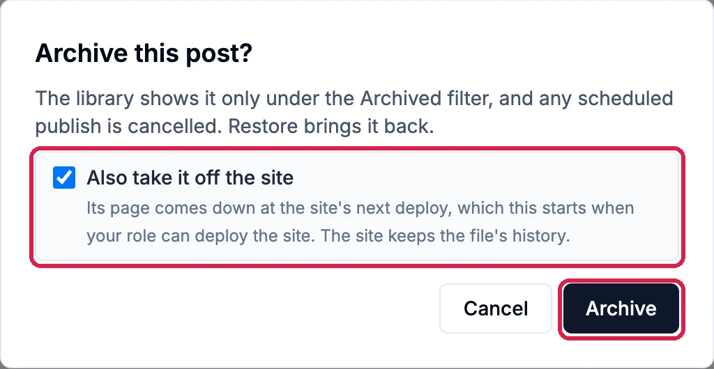 Archive this post? The library shows it only under the Archived filter, and any scheduled publish is cancelled. Restore brings it back. Also take it off the site, ticked and outlined; and Archive, outlined, with Cancel