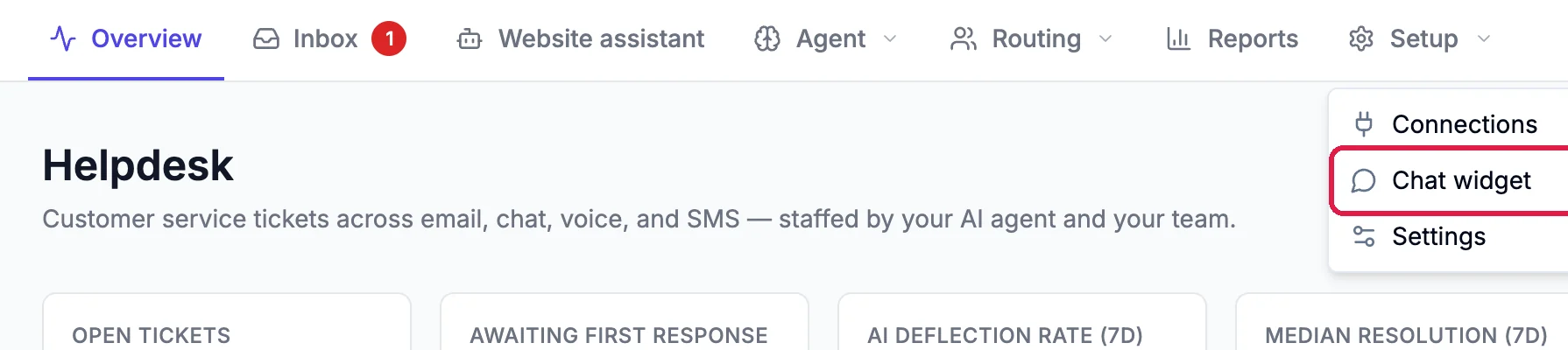 The Helpdesk tabs with the Setup menu open: Connections, Chat widget and Settings, with Chat widget outlined
