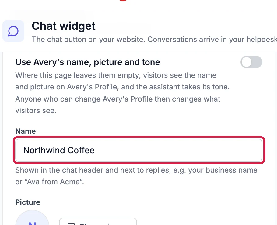 Name and picture, with the Name box filled in with Northwind Coffee and outlined
