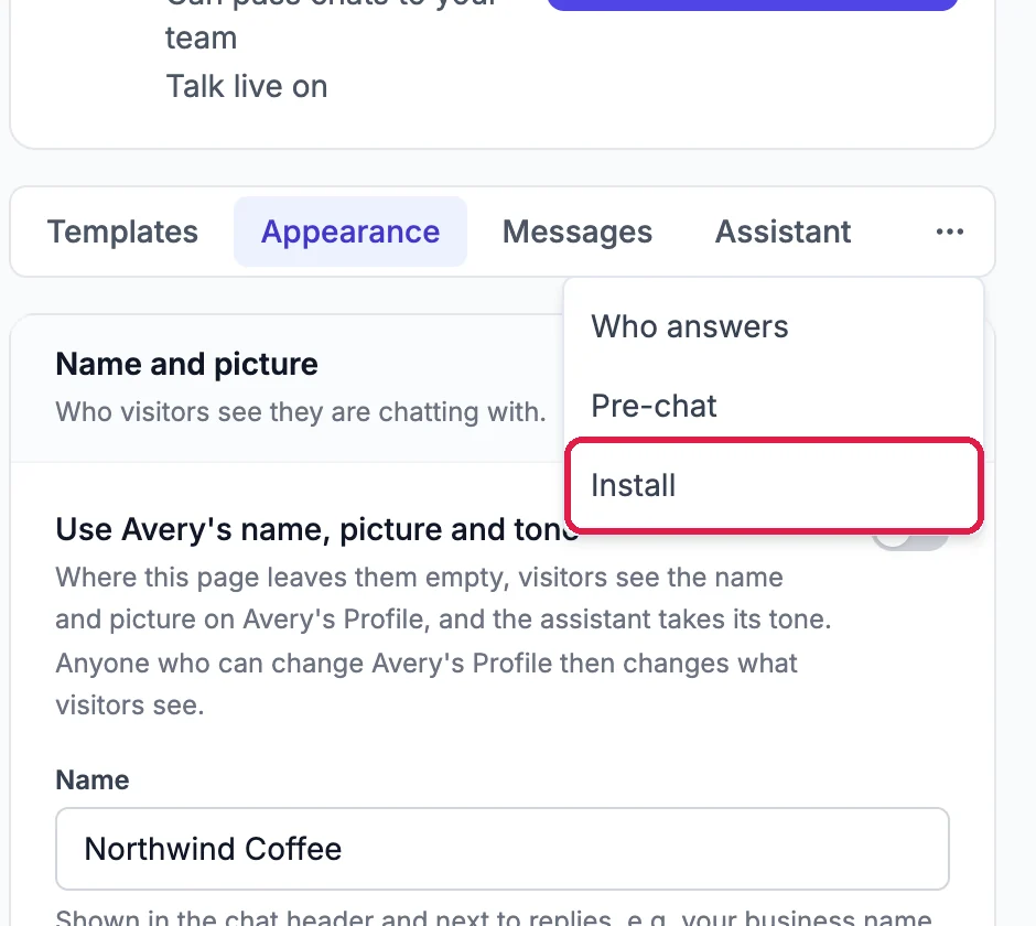 The settings tabs with the extra tabs menu open: Who answers, Pre-chat and Install, with Install outlined
