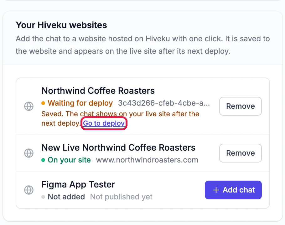 Northwind Coffee Roasters, Waiting for deploy: Saved. The chat shows on your live site after the next deploy, with Go to deploy outlined