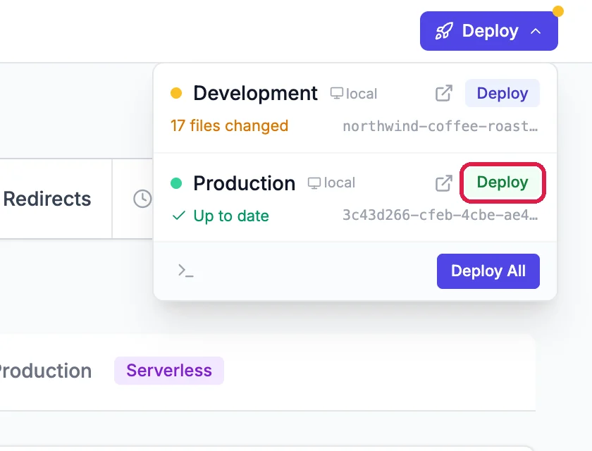 The Deploy menu with the Production row's Deploy button outlined