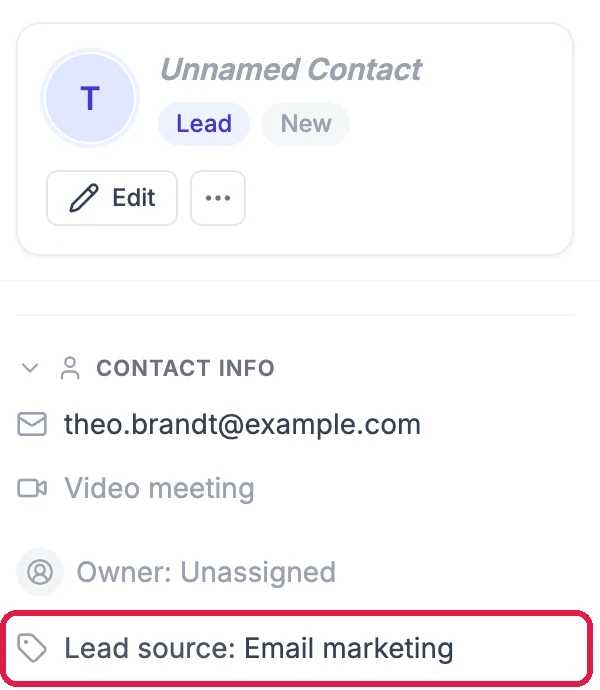A new contact, Lead, with the email theo.brandt@example.com and Lead source: Email marketing, outlined