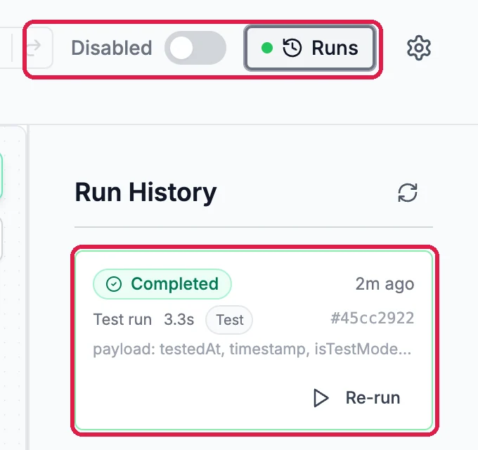 The Runs button and the Run History card for a completed test run that took 3.3s, both outlined