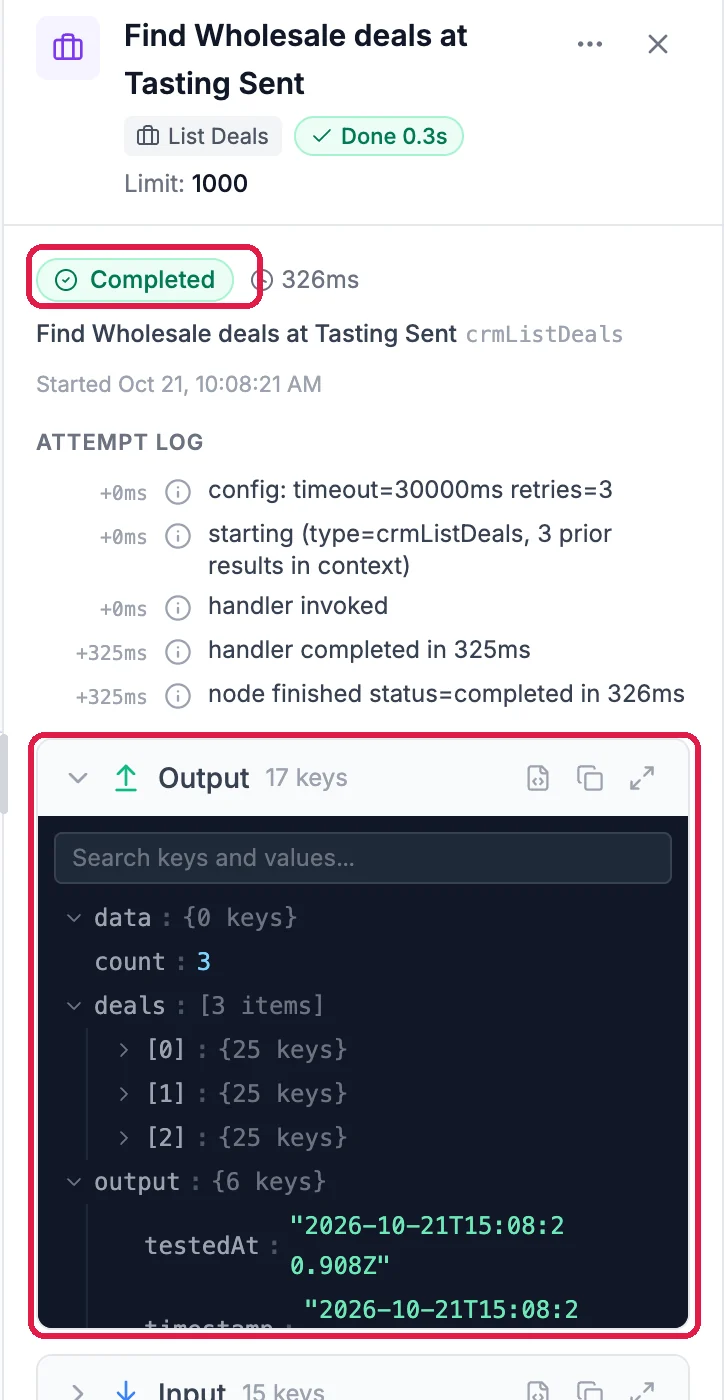 The Find Wholesale deals step: Done 0.3s, and its Output with count 3 and deals, 3 items, outlined