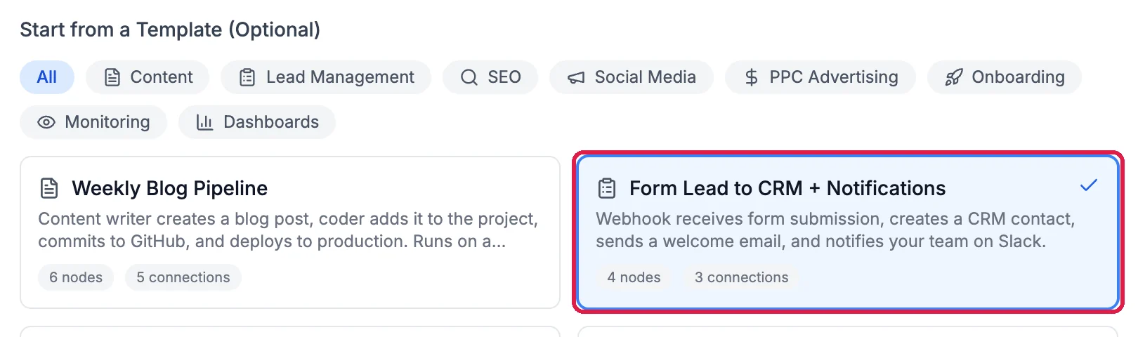 The template gallery with Form Lead to CRM + Notifications ticked and outlined