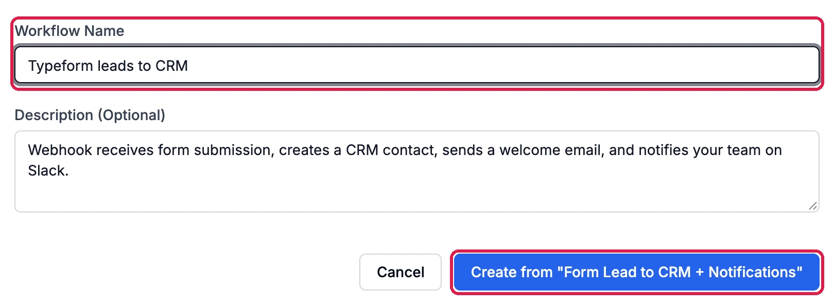 Workflow Name: Typeform leads to CRM, and the Create from Form Lead to CRM + Notifications button, both outlined