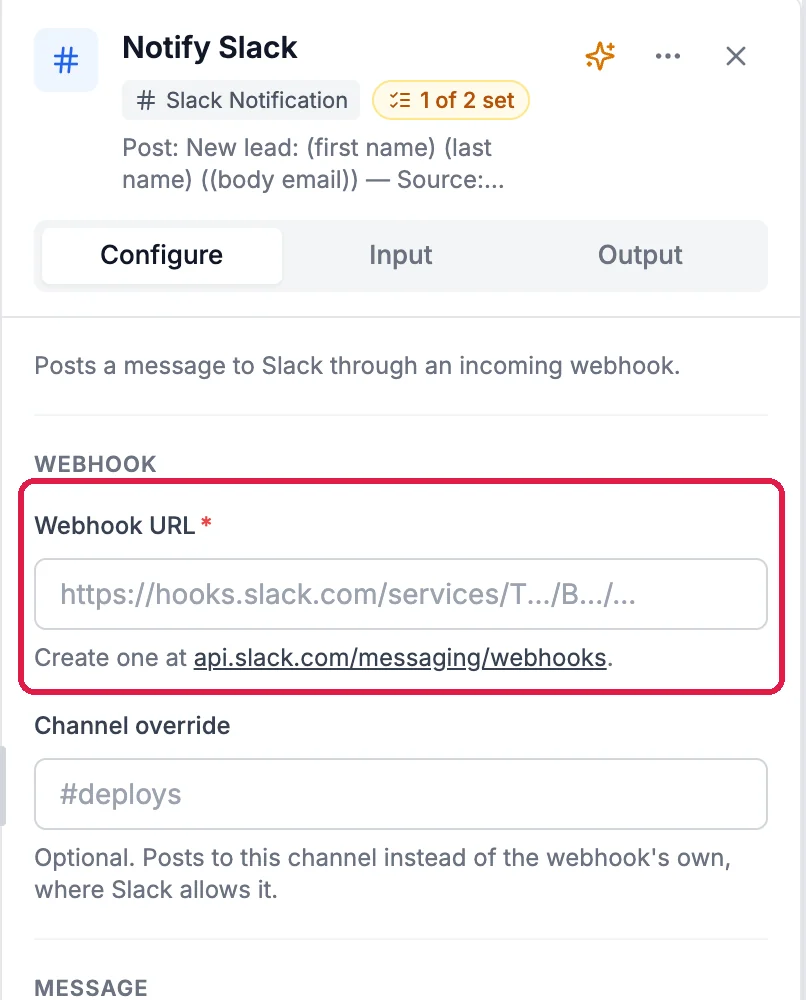 The Notify Slack settings with the empty, required Webhook URL field outlined