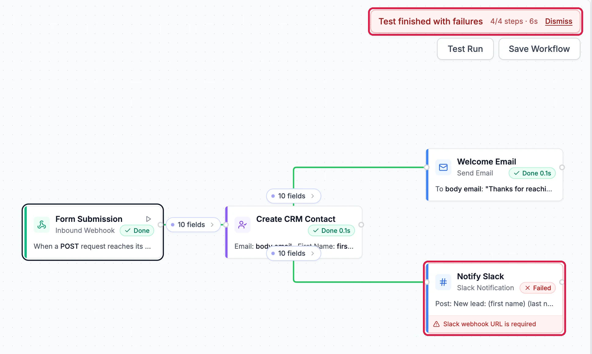 Test finished with failures, 4/4 steps, outlined; three steps Done and Notify Slack Failed with Slack webhook URL is required, outlined
