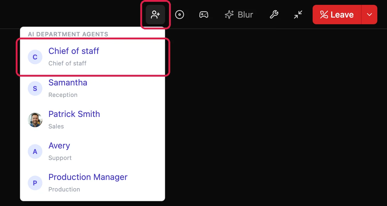 Invite someone, outlined, and its list under AI department agents: Chief of staff, outlined, Samantha (Reception), Patrick Smith (Sales), Avery (Support) and Production Manager