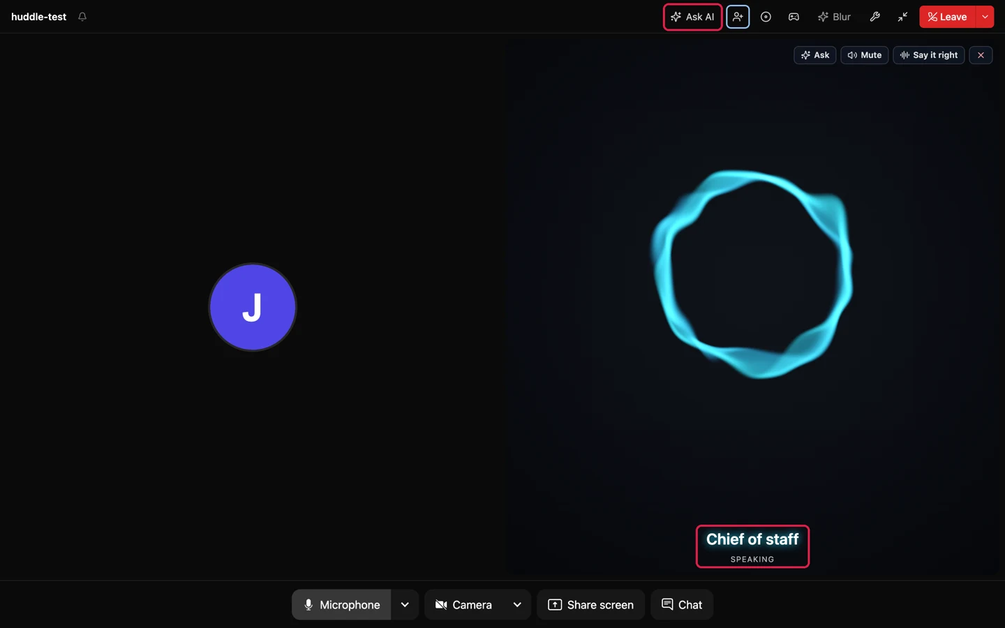 The full-screen huddle: Jamie's tile, and the Chief of staff tile marked Speaking, outlined, with Ask, Mute and Say it right; and Ask AI at the top, outlined