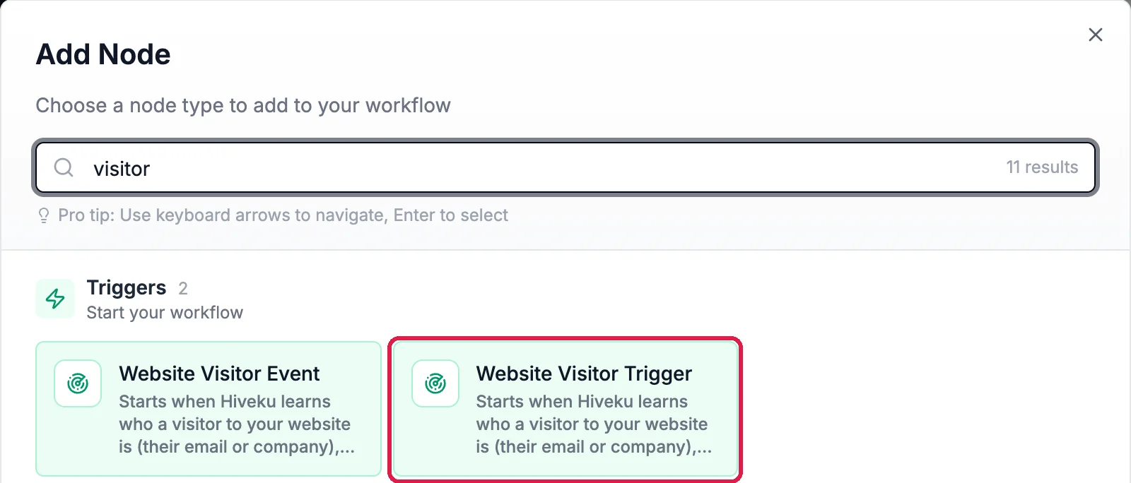 Add Node, searched for visitor, 11 results. Triggers: Website Visitor Event, and Website Visitor Trigger, outlined; both read: Starts when Hiveku learns who a visitor to your website is (their email or company)