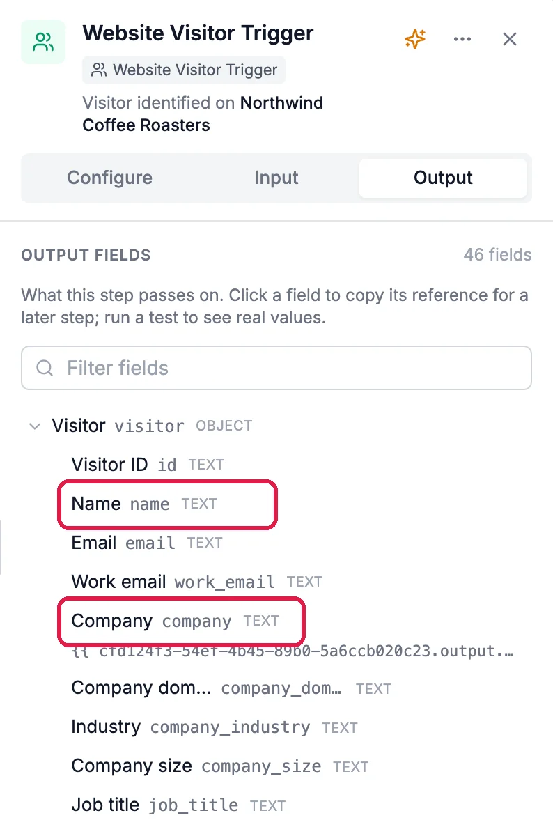 Website Visitor Trigger, Output tab: 46 fields. Visitor: Visitor ID, Name, outlined, Email, Work email, Company, outlined, Company domain, Industry, Company size, Job title