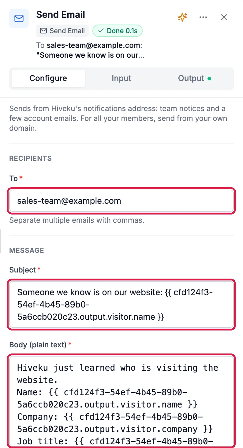 Send Email: To, sales-team@example.com, outlined; Subject, Someone we know is on our website, followed by the visitor's name, outlined; Body, Hiveku just learned who is visiting the website, then Name, Company and Job title lines, each followed by that detail, outlined