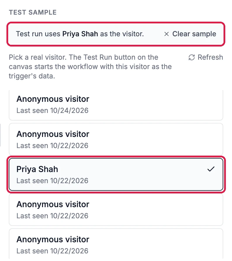 Test sample: Test run uses Priya Shah as the visitor, outlined, with Clear sample; the list of visitors, with Priya Shah, last seen 10/22/2026, ticked and outlined among several Anonymous visitor rows