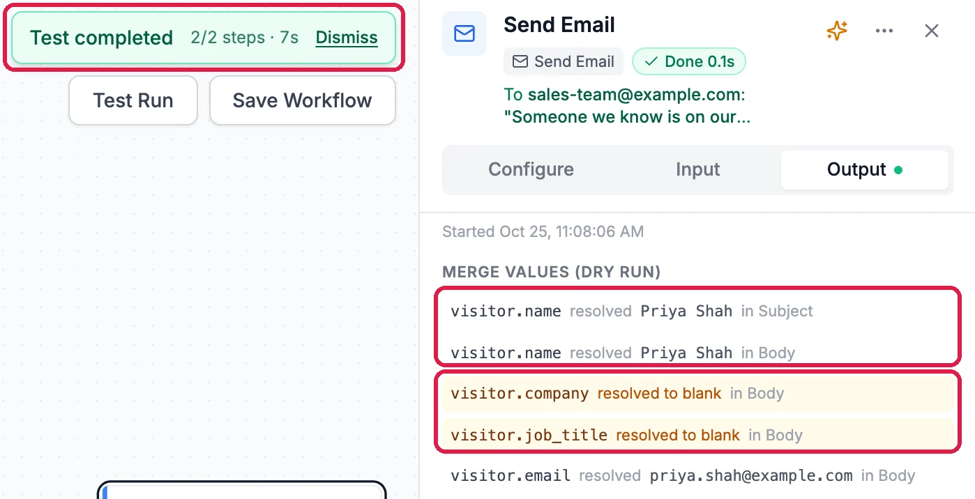 Test completed, 2/2 steps, outlined. Send Email, Done, To sales-team@example.com: Someone we know is on our website. Merge values: visitor.name resolved Priya Shah in Subject and in Body, outlined; visitor.company and visitor.job_title resolved to blank in Body, outlined; visitor.email resolved in Body