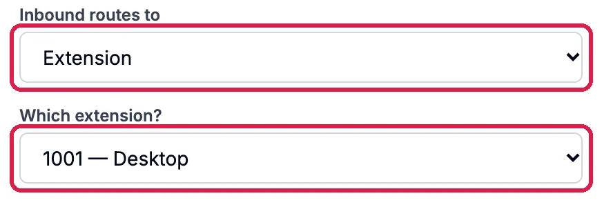 Edit number: Inbound routes to Extension, outlined, and Which extension? 1001 Desktop, outlined