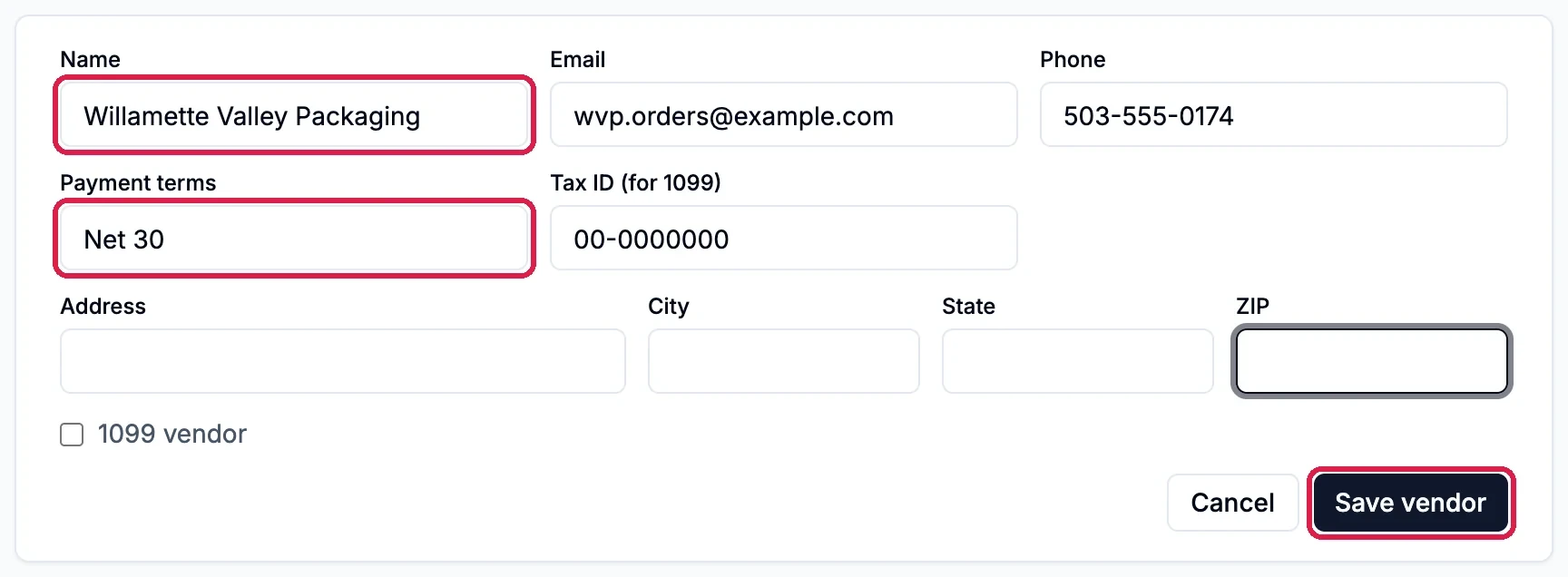 The vendor form with Name Willamette Valley Packaging outlined, Email wvp.orders@example.com, Phone 503-555-0174, Payment terms Net 30 outlined, a Tax ID, the address boxes, 1099 vendor unticked, and Save vendor outlined
