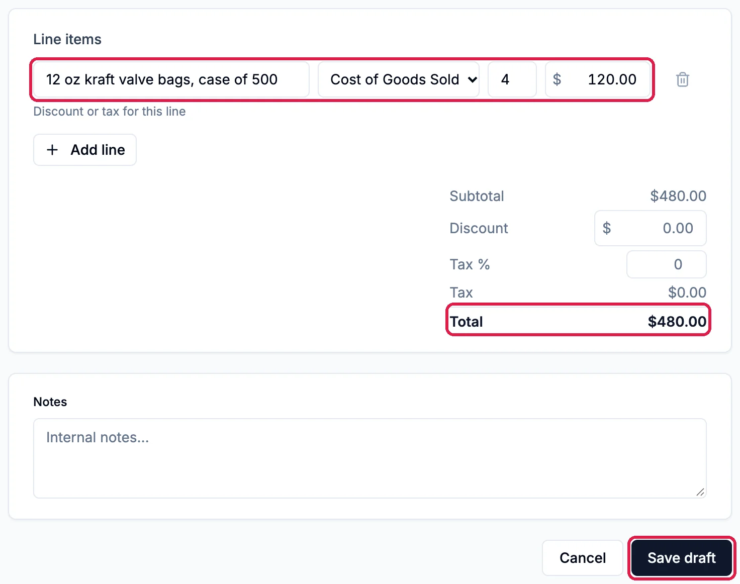 Line items with 12 oz kraft valve bags, case of 500, Category Cost of Goods Sold, quantity 4 and unit price 120.00, outlined; Subtotal 480.00, Discount, Tax %, Tax, and Total $480.00 outlined; Notes; and the Save draft button outlined