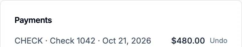 Payments: CHECK, Check 1042, Oct 21, 2026, $480.00, and Undo