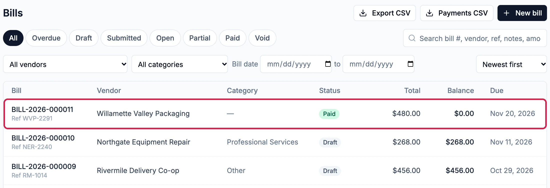 Bills with Export CSV, Payments CSV and New bill, the tabs All, Overdue, Draft, Submitted, Open, Partial, Paid and Void, the vendor, category and date filters, and BILL-2026-000011 from Willamette Valley Packaging, Paid, $480.00, balance $0.00, due Nov 20, 2026, outlined