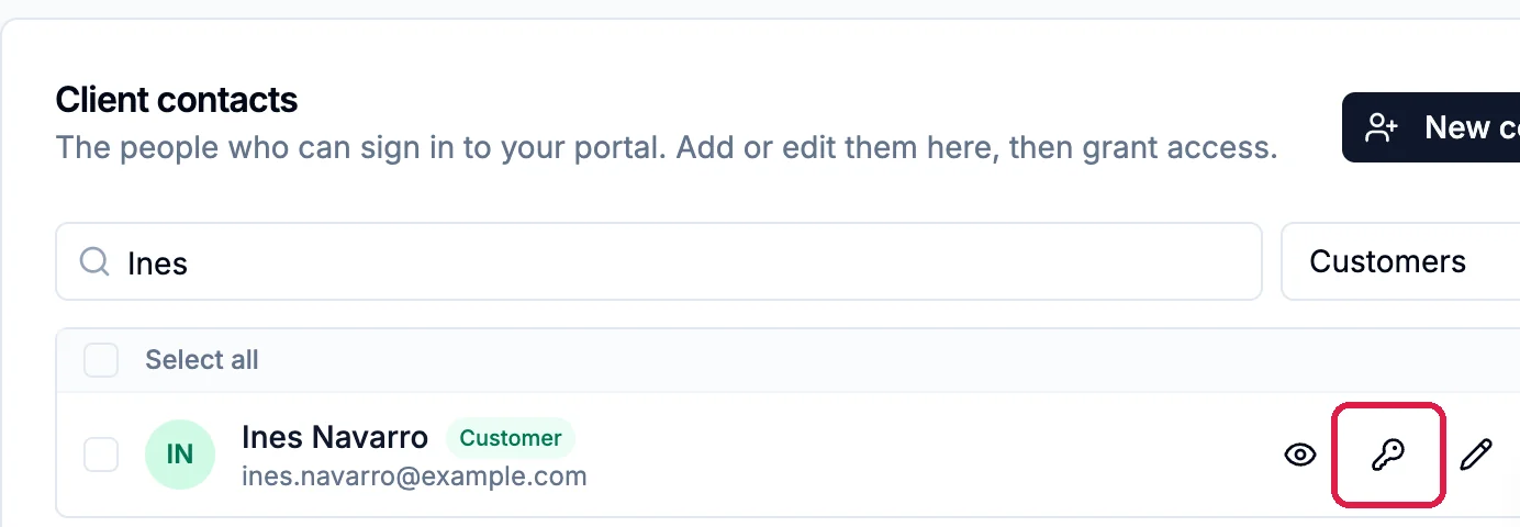Client contacts: The people who can sign in to your portal, with New contact, a search for Ines, and Ines Navarro, Customer, ines.navarro@example.com, with the portal access key icon outlined