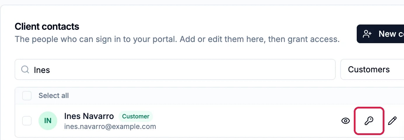 Client contacts: The people who can sign in to your portal, with New contact, a search for Ines, and Ines Navarro, Customer, ines.navarro@example.com, with the portal access key icon outlined