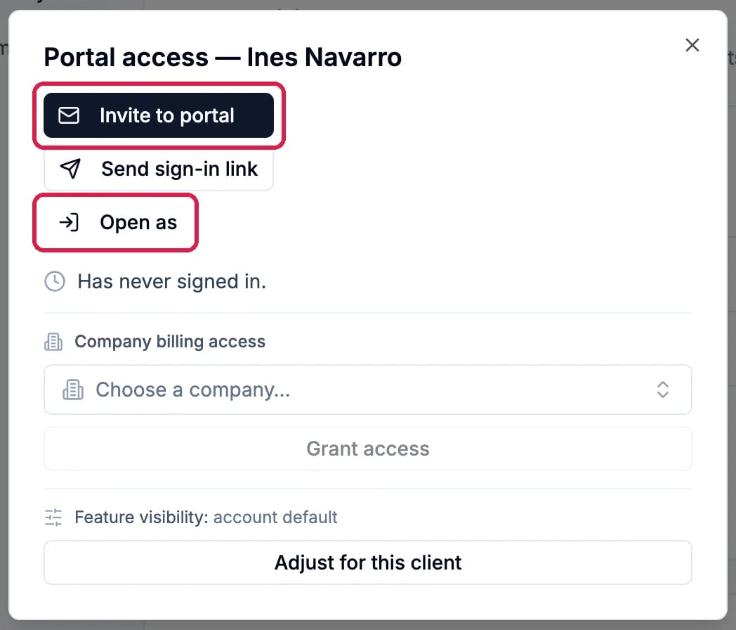 Portal access for Ines Navarro: Invite to portal, outlined, Send sign-in link, Open as, outlined, Has never signed in, Company billing access with Choose a company and Grant access, and Feature visibility account default with Adjust for this client