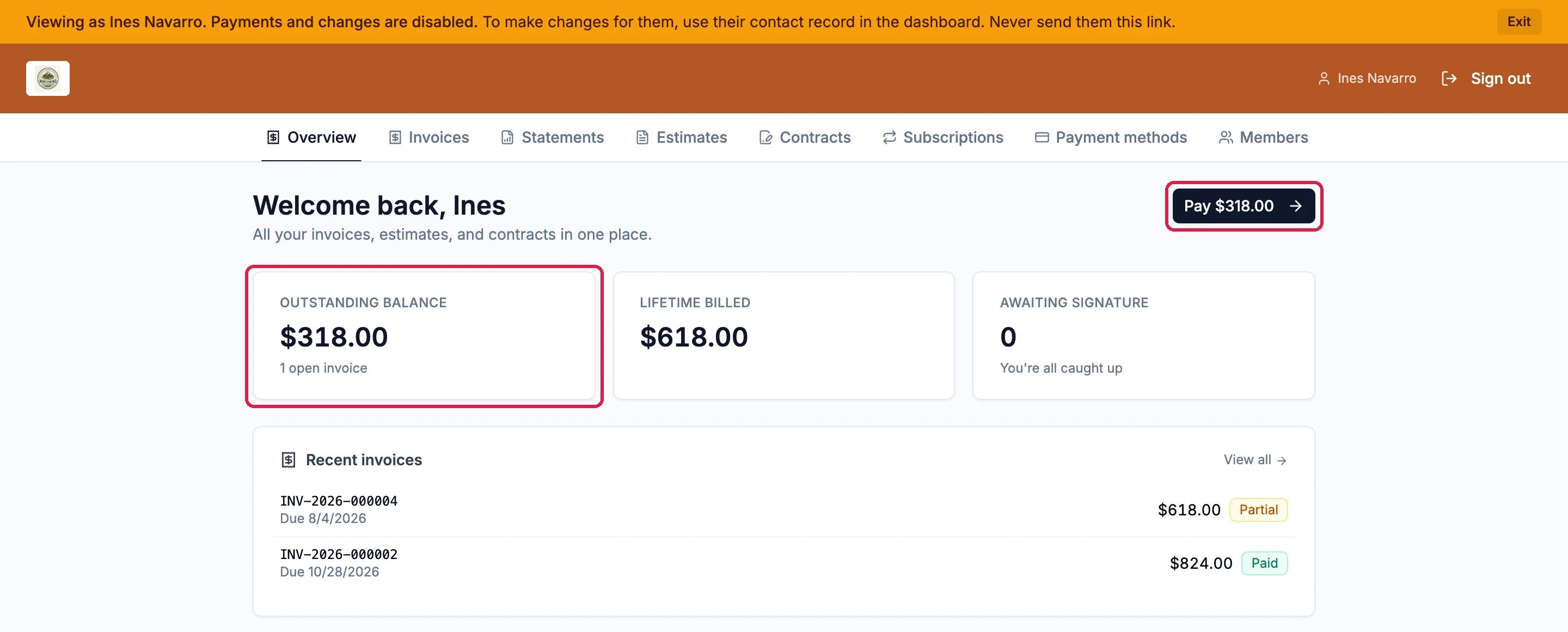 The client portal in Northwind's colors with the bar Viewing as Ines Navarro. Payments and changes are disabled, the tabs Overview, Invoices, Statements, Estimates, Contracts, Subscriptions, Payment methods and Members, Welcome back, Ines, Pay $318.00, outlined, Outstanding balance $318.00, 1 open invoice, outlined, Lifetime billed $618.00, Awaiting signature 0, and Recent invoices