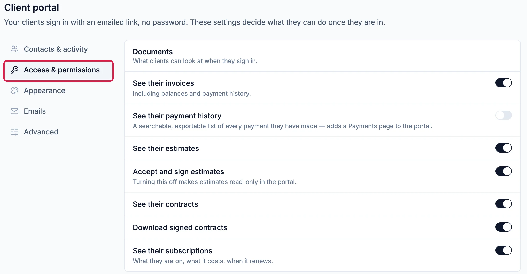 Client portal settings with Access & permissions outlined, and Documents: See their invoices on, See their payment history off, See their estimates on, Accept and sign estimates on, See their contracts on, Download signed contracts on, See their subscriptions on